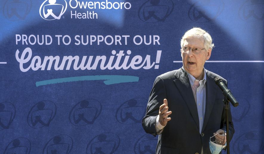 U.S. Senate Majority Leader Mitch McConnell speaks outside of the Owensboro Health Muhlenberg Community Hospital during a press conference, Tuesday, July 14, 2020, in Greenville, Ky. McConnell made the appearance to express his gratitude for Kentucky's front-line healthcare workers and to discuss the impact of the Coronavirus Aid, Relief, and Economic Security Act. (Greg Eans/The Messenger-Inquirer via AP)