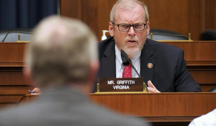 Rep. Morgan Griffith, D-Va., asks questions to Richard Bright, former director of the Biomedical Advanced Research and Development Authority, during House Energy and Commerce Subcommittee on Health hearing Thursday, May 14, 2020, on Capitol Hill in Washington. (Greg Nash/Pool via AP)