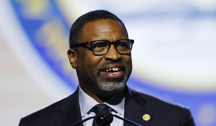 FILE - NAACP President and CEO, Derrick Johnson addresses the 110th NAACP National Convention in Detroit on July 22, 2019. CBS Television and the NAACP have reached an agreement to develop content to further tell stories of the African American experience. The partnership will focus on creating and producing scripted, unscripted and documentary content for the studio’s broadcast, cable and streaming platforms. (AP Photo/Carlos Osorio, File)