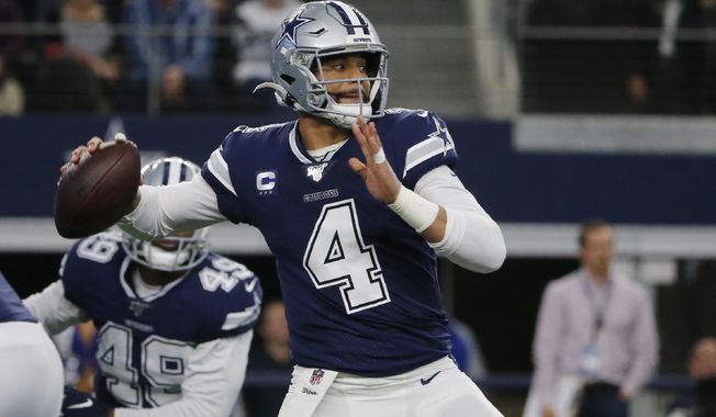 FILE - In this Dec. 15, 2019, file photo, Dallas Cowboys quarterback Dak Prescott (4) looks to throw in the first quarter of an NFL football game against the Los Angeles Rams in Arlington, Texas. Dallas quarterback Dak Prescott and NFL rushing leader Derrick Henry of Tennessee will play whatever becomes of the 2020 season under the one-year franchise tag after failing to reach long-term deals with their teams. Prescott is set to make $31.4 million after earning slightly more than $4 million under his four-year rookie contract. The 2016 NFL Offensive Rookie of the Year negotiated for more than a year without coming to terms on a deal. (AP Photo/Michael Ainsworth, File)