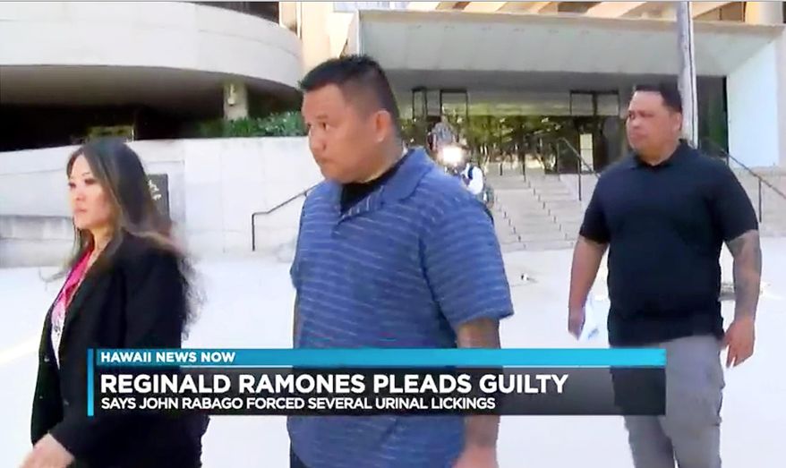 FILE - This undated file photo from video provided by Hawaii News Now shows Honolulu police officer John Rabago outside federal court in Honolulu. A former Honolulu police officer has been sentenced to four years in prison for forcing a homeless man to lick a public urinal. A U.S. judge sentenced a former Honolulu police officer Wednesday, July 15, 2020, to four years in prison for forcing a homeless man to lick a public urinal, telling him to imagine someone doing that to his two young daughters. Rabago offered apologies to the victim. (Hawaii News Now via AP, File)