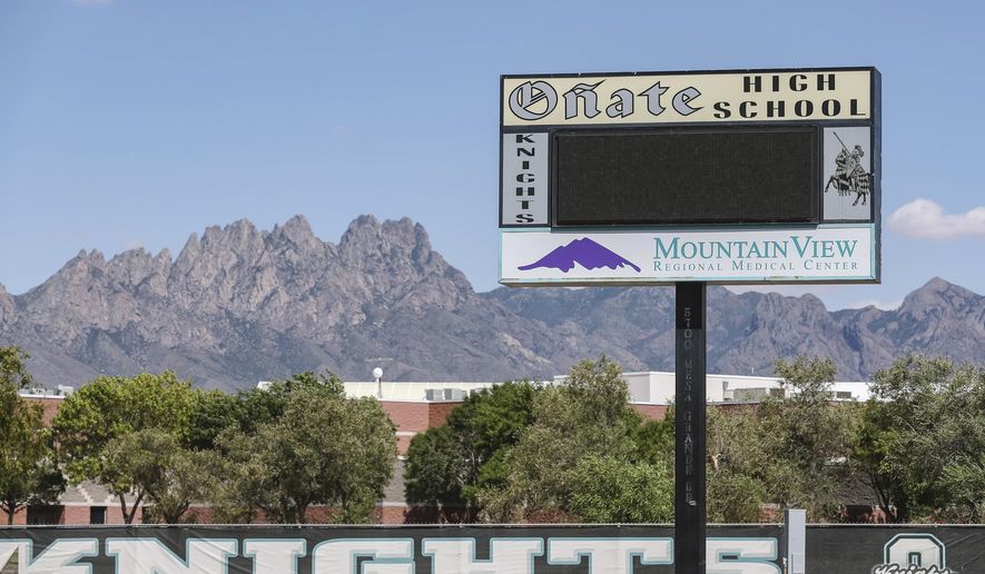 Onate High School is pictured in Las Cruces, New Mexico, on June 17, 2020. The Las Cruces School Board voted Tuesday, July 14, 2020, to drop the name of Don Juan de Onate y Salazar from a high school in southern New Mexico after years of pressure and amid a movement to reexamine the Spanish colonial past in the American Southwest. (Nathan J. Fish/Las Cruces Sun-News via AP)