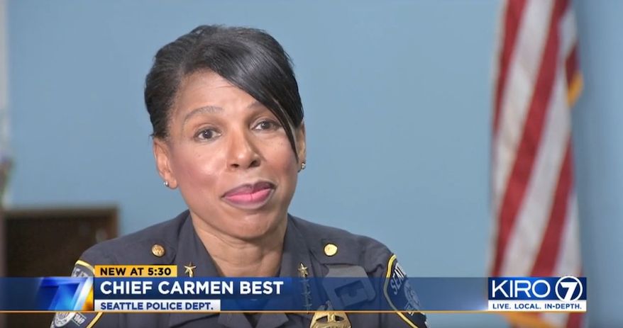 Seattle Police Chief Carmen Best shuts down a city council member&#39;s idea to fire officers based upon race, July 15, 2020. (Image: KIRO-7 video screenshot) 