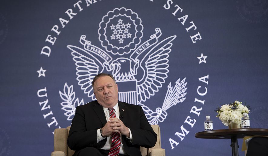Secretary of State Mike Pompeo speaks at the National Constitution Center about the Commission on Unalienable Rights, Thursday,  July 16, 2020, in Philadelphia. (Brendan Smialowski/Pool via AP)