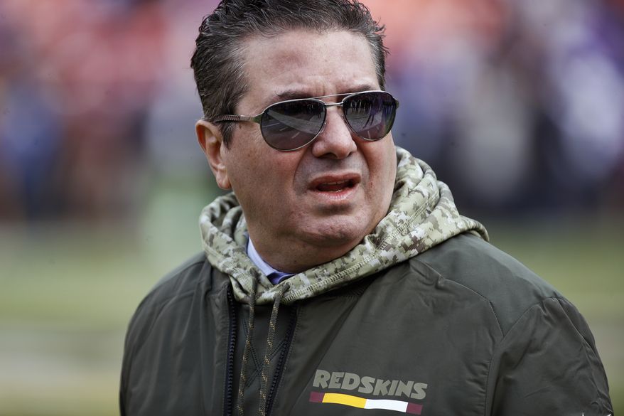FILE - This Nov. 12, 2017, file photo shows Washington Redskins owner Dan Snyder walking across the field before an NFL football game against the Minnesota Vikings in Landover, Md. Snyder has hired a D.C. law firm to review the Washington NFL team's culture, policies and allegations of workplace misconduct. Beth Wilkinson of Wilkinson Walsh LLP confirmed to The Associated Press that the firm had been retained to conduct an independent review. (AP Photo/Patrick Semansky, File)