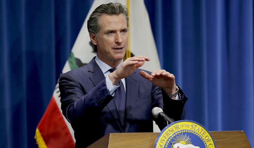 In this May 14, 2020, file photo, California Gov. Gavin Newsom discusses his revised 2020-2021 state budget during a news conference in Sacramento, Calif. Gov. Gavin Newsom announced Friday, July 17, 2020, that most counties will start the school year online due to soaring coronavirus cases and hospitalizations, but counties that have seen little of the virus, mostly towns and rural communities in California&#x27;s north and east, can bring students and teachers back to campus. (AP Photo/Rich Pedroncelli, Pool, File)