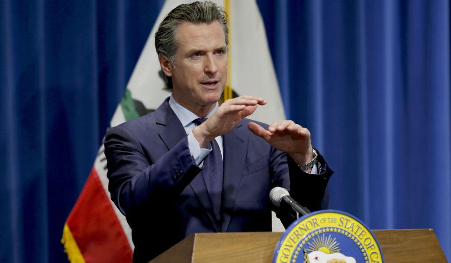 In this May 14, 2020, file photo, California Gov. Gavin Newsom discusses his revised 2020-2021 state budget during a news conference in Sacramento, Calif. Gov. Gavin Newsom announced Friday, July 17, 2020, that most counties will start the school year online due to soaring coronavirus cases and hospitalizations, but counties that have seen little of the virus, mostly towns and rural communities in California&#39;s north and east, can bring students and teachers back to campus. (AP Photo/Rich Pedroncelli, Pool, File)