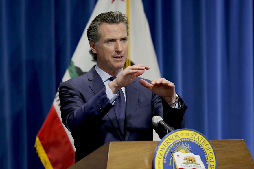 In this May 14, 2020, file photo, California Gov. Gavin Newsom discusses his revised 2020-2021 state budget during a news conference in Sacramento, Calif. Gov. Gavin Newsom announced Friday, July 17, 2020, that most counties will start the school year online due to soaring coronavirus cases and hospitalizations, but counties that have seen little of the virus, mostly towns and rural communities in California&#39;s north and east, can bring students and teachers back to campus. (AP Photo/Rich Pedroncelli, Pool, File)