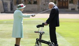 Captain Sir Thomas Moore receives his knighthood from Britain&#39;s Queen Elizabeth, during a ceremony at Windsor Castle in Windsor, England, Friday, July 17, 2020. Captain Sir Tom raised almost £33 million for health service charities by walking laps of his Bedfordshire garden. (Chris Jackson/Pool Photo via AP)