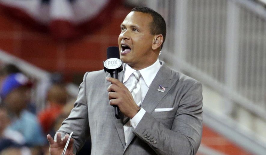 In this July 11, 2017, file photo, former Major League Baseball player Alex Rodriguez reports from the field during the MLB baseball All-Star Game in Miami. Rodriguez, among four groups of bidders for a possible purchase of the New York Mets, called for baseball players to accept the type of revenue-sharing system that is tied to a salary cap and sparked quick opposition from the union. (AP Photo/Lynne Sladky, File) **FILE**