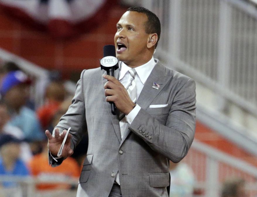 In this July 11, 2017, file photo, former Major League Baseball player Alex Rodriguez reports from the field during the MLB baseball All-Star Game in Miami. Rodriguez, among four groups of bidders for a possible purchase of the New York Mets, called for baseball players to accept the type of revenue-sharing system that is tied to a salary cap and sparked quick opposition from the union. (AP Photo/Lynne Sladky, File) **FILE**