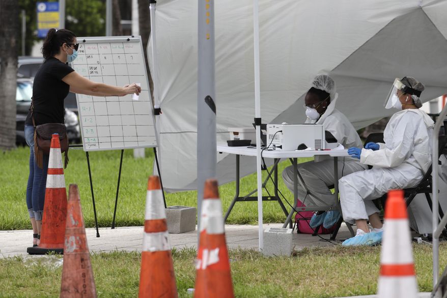Health care workers take information from people in line at a walk-up COVID-19 testing site during the coronavirus pandemic, Friday, July 17, 2020, in Miami Beach, Fla. The mobile testing truck is operated by Aardvark Mobile Health, which has partnered with the Florida Division of Emergency Management. People getting tested are separated from nurses via a glass pane. (AP Photo/Lynne Sladky)