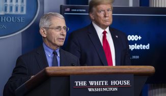 Dr. Anthony Fauci, director of the National Institute of Allergy and Infectious Diseases, talks about the coronavirus, as President Donald Trump listens, in the James Brady Press Briefing Room of the White House in Washington. (AP Photo/Alex Brandon, File)