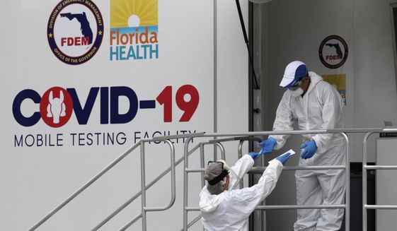 Health care workers work at a walk-up COVID-19 testing site during the coronavirus pandemic, Friday, July 17, 2020, in Miami Beach, Fla. The mobile testing truck is operated by Aardvark Mobile Health, which has partnered with the Florida Division of Emergency Management. People getting tested are separated from nurses via a glass pane. (AP Photo/Lynne Sladky)