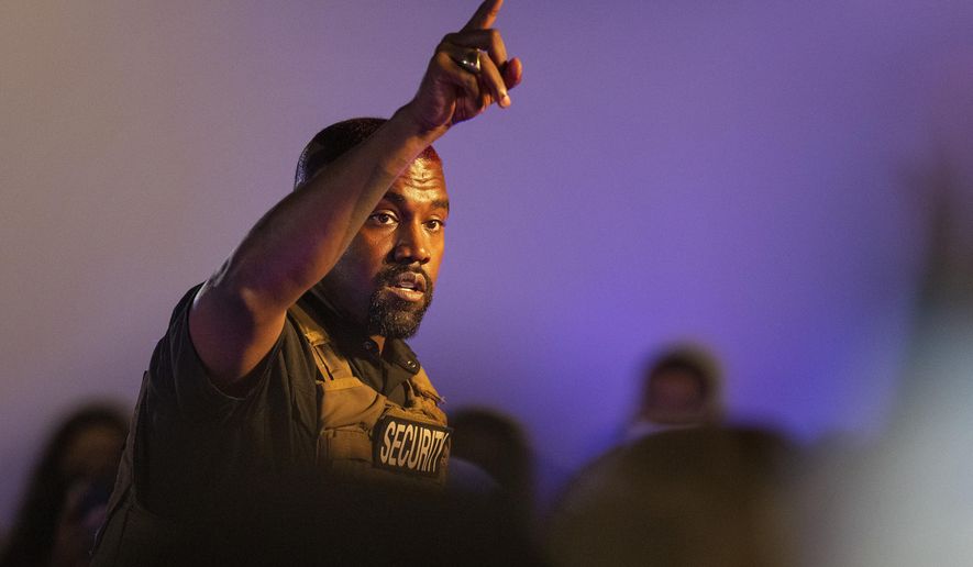 Kanye West makes his first presidential campaign appearance, Sunday, July 19, 2020 in North Charleston, S.C. Rapper Kanye West, in his first event since declaring himself a presidential candidate, delivered a lengthy monologue Sunday touching on topics from abortion and religion to international trade and licensing deals. Whether he's actually seeking the nation's highest office remains a question. (Lauren Petracca Ipetracca/The Post And Courier via AP)