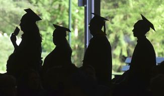 FILE - In this Friday, June 1, 2018, file photo, graduates are silhouetted against the green landscape as they line up to receive their diplomas at Berkshire Community College&#39;s commencement exercises at the Shed at Tanglewood in Lenox, Mass. Some lenders advertise their products as a way to pay for college, but these aren’t technically student loans. For unsuspecting students, that could lead to unnecessarily high costs and a lack of consumer protection. (Gillian Jones/The Berkshire Eagle via AP, File)
