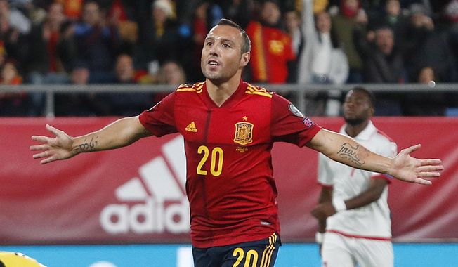 FILE - In this Friday Nov. 15, 2019 file photo, Spain's Santi Cazorla celebrates after scoring his side's second goal during a Euro 2020 Group F qualifying soccer match between Spain and Malta at the Ramon de Carranza stadium in Cadiz, Spain. Qatari club Al-Saad said Monday July 20, 2020, it has signed former Spain and Arsenal playmaker Santi Cazorla. (AP Photo/Miguel Morenatti, File)