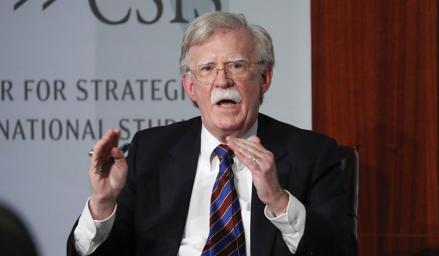 In this Sept. 30, 2019, file photo, former National Security Adviser John Bolton gestures while speakings at the Center for Strategic and International Studies in Washington. (AP Photo/Pablo Martinez Monsivais, File)