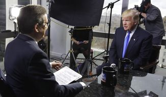 Chris Wallace of &quot;Fox News Sunday,&quot; left, interviews then-President-elect Donald Trump on Dec. 10, 2016 in New York. Two veteran journalists who now teach the craft say Mr. Wallace&#39;s interview with President Donald Trump on Sunday will be an example of excellence that they show their students. The interview, where Mr. Wallace asked the president some blunt questions and challenged some facts, was seen as an example of what can result from hard work and preparation. (AP Photo/Richard Drew, File)