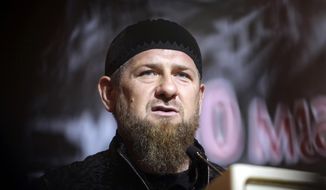 FILE - In this Friday, May 10, 2019 file photo, Chechnya&#39;s regional leader Ramzan Kadyrov speaks during a meeting in Grozny, Russia. The U.S. State Department on Monday, July 20, 2020 announced sanctions against Kadyrov and his family over human rights abuses. (AP Photo/Musa Sadulayev, file)