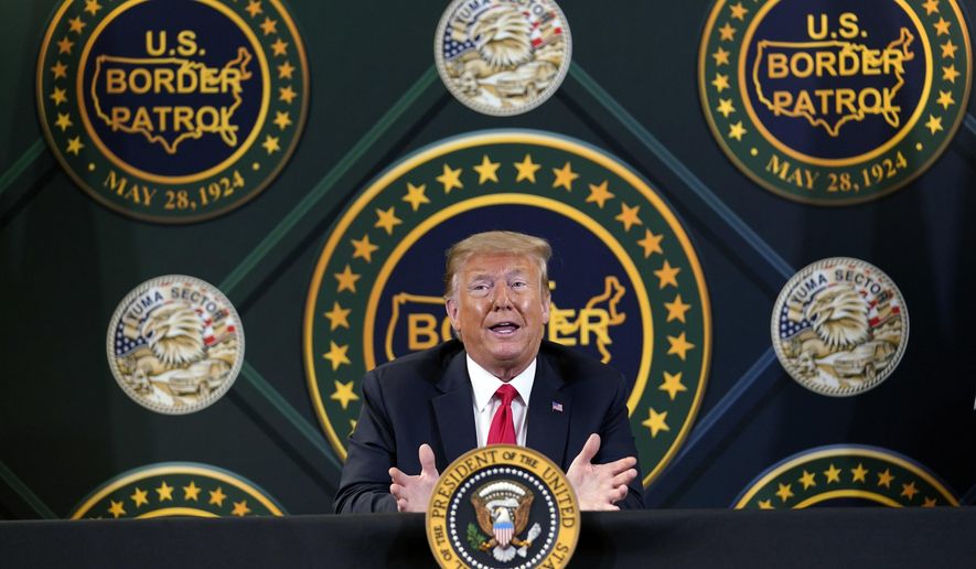 FILE - In this June 23, 2020, file photo President Donald Trump participates in a border security briefing at United States Border Patrol Yuma Station in Yuma, Ariz. President Donald Trump is promising new executive action on immigration as he returns to the defining issue of his administration. (AP Photo/Evan Vucci, File)