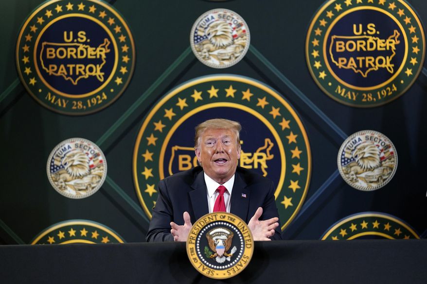 FILE - In this June 23, 2020, file photo President Donald Trump participates in a border security briefing at United States Border Patrol Yuma Station in Yuma, Ariz. President Donald Trump is promising new executive action on immigration as he returns to the defining issue of his administration. (AP Photo/Evan Vucci, File)