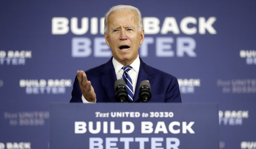 Democratic presidential candidate former Vice President Joe Biden speaks at a campaign event at the Colonial Early Education Program at the Colwyck Training Center, Tuesday, July 21, 2020, in New Castle, Del. (AP Photo/Andrew Harnik)