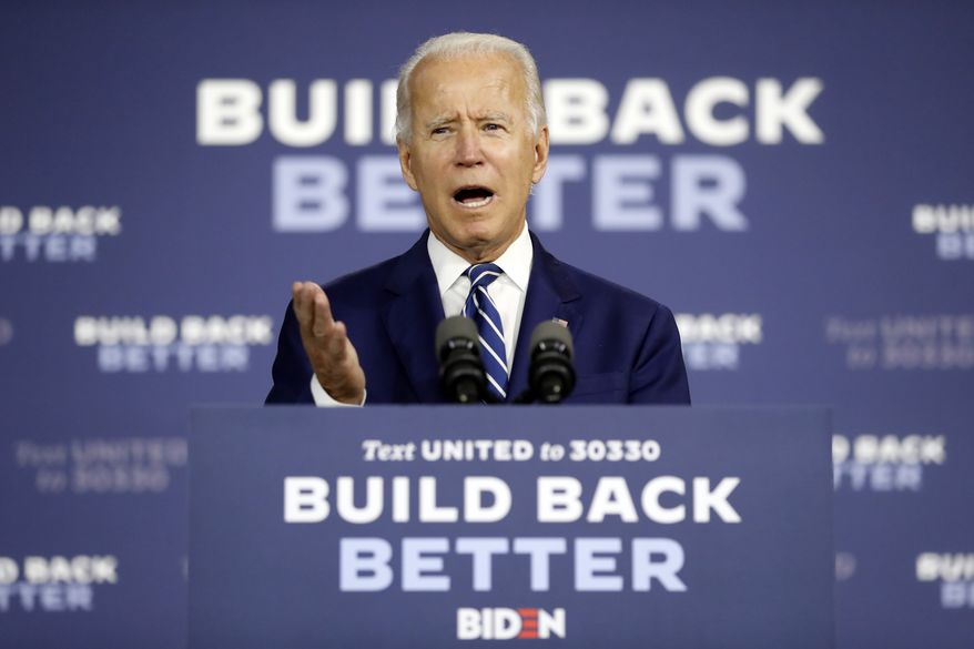 Democratic presidential candidate former Vice President Joe Biden speaks at a campaign event at the Colonial Early Education Program at the Colwyck Training Center, Tuesday, July 21, 2020, in New Castle, Del. (AP Photo/Andrew Harnik)