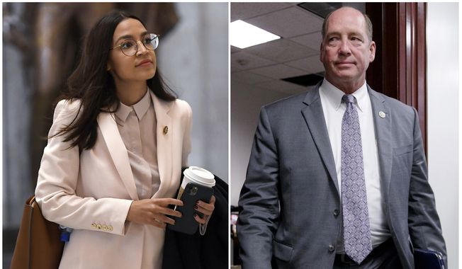 This combo shows Rep. Alexandria Ocasio-Cortez, D-N.Y., walks Capitol Hill in Washington, on March 27, 2020, left, and Rep. Ted Yoho, R-Fla., at the Capitol in Washington on March 28, 2017. A top House Democrat demanded an apology Tuesday, July 21, 2020, from Mr. Yoho who is accused of using a sexist slur after an angry encounter with Ocasio-Cortez. Mr. Yoho apologized on the House floor on July 22 for the previous day&#x27;s heated exchange, but denied that he called the New York Democrat a &quot;f***ing b*tch.&quot; (AP Photo, File)  **FILE**