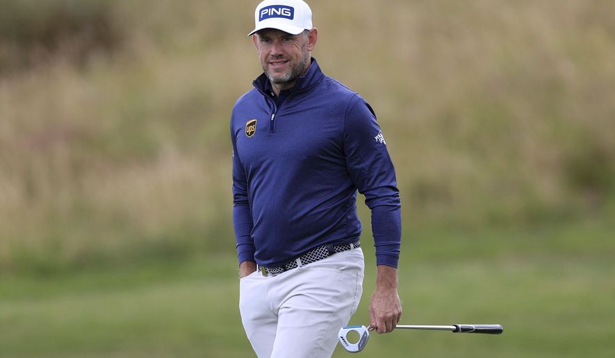 Lee Westwood during the practice day at Close House Golf Club, Newcastle, England, Tuesday July 21, 2020. (Mike Egerton/PA via AP)