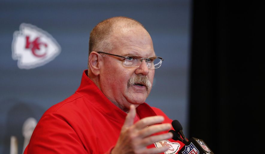 FILE - In this Jan. 30, 2020, file photo, Kansas City Chiefs NFL football head coach Andy Reid speaks during a news conference in Aventura, Fla. In seven weeks, the NFL expects to kick off its 101st season with the Super Bowl champion Chiefs hosting Houston. Emphasis on expects (AP Photo/Brynn Anderson, File)