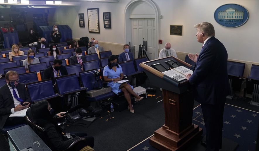 President Donald Trump speaks during a news conference at the White House, Tuesday, July 21, 2020, in Washington. (AP Photo/Evan Vucci)