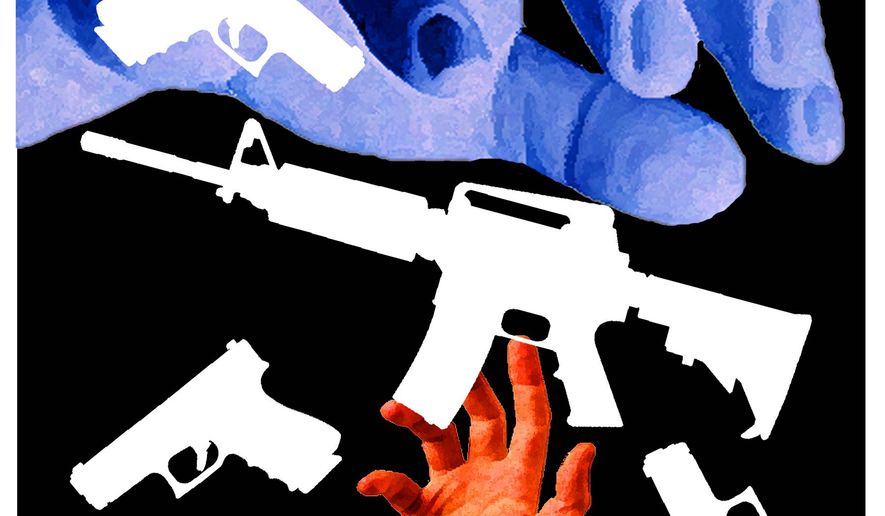 Illustration on threats to gun rights by Alexander Hunter/The Washington Times