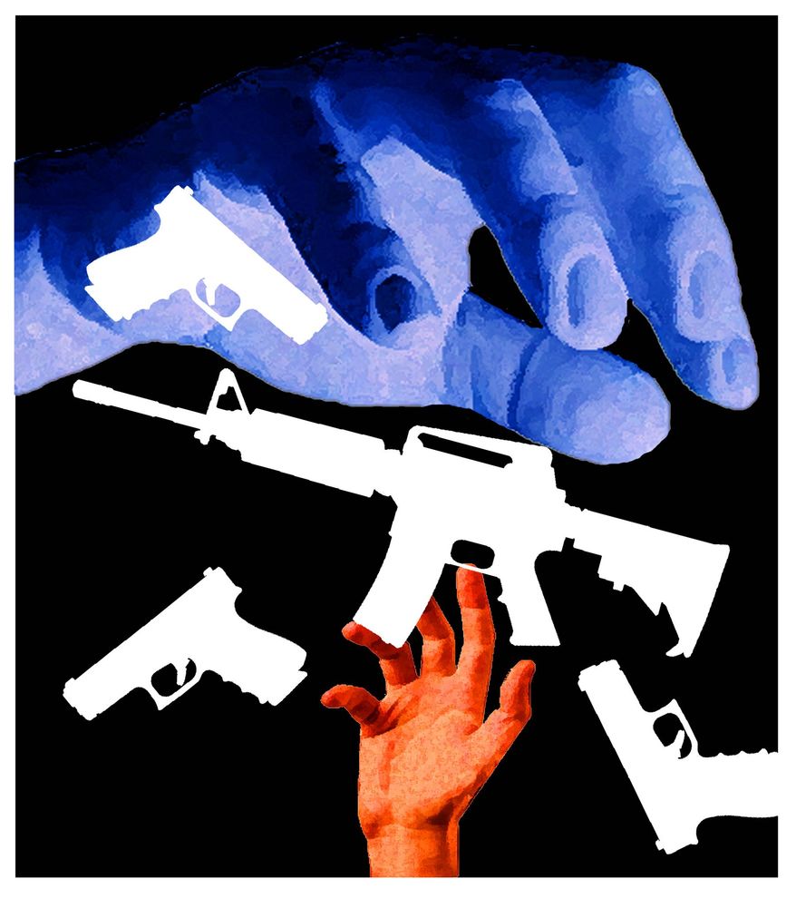 Illustration on threats to gun rights by Alexander Hunter/The Washington Times