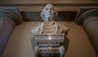 In this March 9, 2020, file photo a marble bust of Chief Justice Roger Taney is displayed in the Old Supreme Court Chamber in the U.S. Capitol in Washington. The House will vote Wednesday, July 22, on whether to remove from the U.S. Capitol a bust of Chief Justice Roger B. Taney, the author of the 1857 Dred Scott decision that declared African Americans couldn&#39;t be citizens. (AP Photo/J. Scott Applewhite, File)  **FILE**