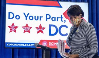 District of Columbia Mayor Muriel Bowser wears a face mask to protect against the spread of the coronavirus outbreak, as she leaves a news conference on the coronavirus and the District&#x27;s response, Monday, July 20, 2020 in Washington.  In the face of newly rising infection numbers, Bowser says she&#x27;ll issue an executive order making face masks mandatory outside the home. (AP Photo/Andrew Harnik)