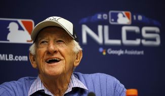 Milwaukee Brewers sportscaster Bob Uecker speaks at a news conference Friday, Oct. 12, 2018, in Milwaukee.  Uecker describes the most unique season of his half century as a Milwaukee Brewers&#39; broadcaster with the wit that has helped make him one of the game’s most recognizable voices. “All of this stuff for me is totally new,” Uecker said Wednesday, July 22, 2020 during a Zoom session with reporters. (AP Photo/Charlie Riedel)