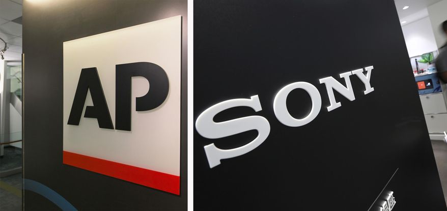 This combination photo shows the Associated Press logo on April 26, 2016, in New York, left, and a Sony logo on July 31, 2014, in Tokyo. The Associated Press and Sony Electronics announced a deal to equip all of the news cooperative's still and video photojournalists with new cameras. It will be the first time the AP will have photographers across the world using cameras from the same manufacturer, which the news cooperative hopes will improve consistency and speed. (AP Photo)