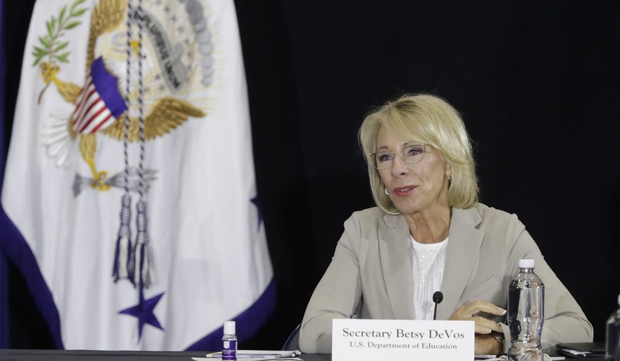 Education Secretary Betsy DeVos speaks during a meeting with higher education leaders on safely reopening schools, Friday, July 24, 2020, in Indianapolis. (AP Photo/Darron Cummings) **FILE**
