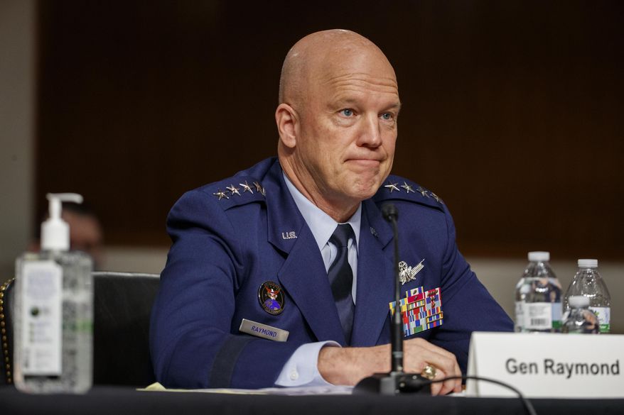 FILE - In this May 6, 2020, file photo Chief of Space Operations at U.S. Space Force Gen. John Raymond testifies before the Senate Armed Services Committee hearing on Capitol Hill in Washington. The United States accused Russia on Thursday, July 23, of conducting a test of an anti-satellite weapon in space, asserting that it exposed Moscow's intent to deploy weapons that threaten U.S. and allied satellites. “The Russian satellite system used to conduct this on-orbit weapons test is the same satellite system that we raised concerns about earlier this year, when Russia maneuvered near a U.S. government satellite,” said Raymond. (Shawn Thew/Pool via AP, File)
