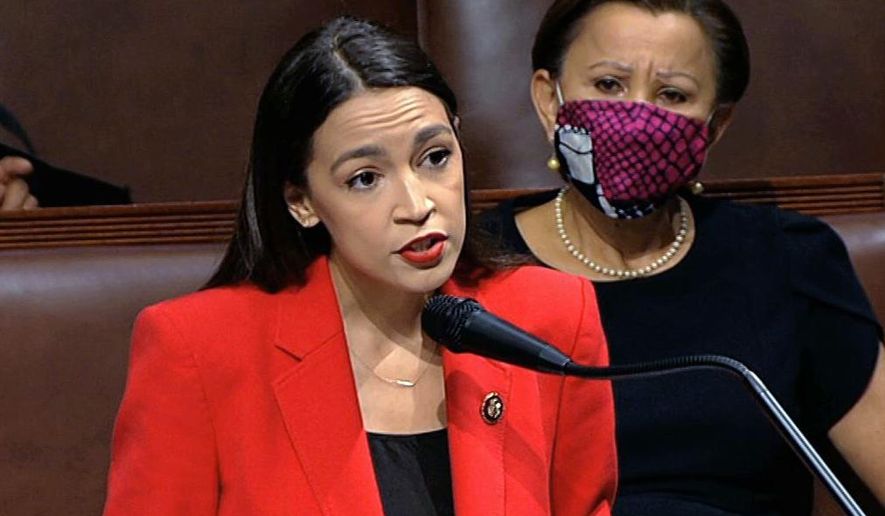 In this July 23, 2020, file image from video, Rep. Alexandria Ocasio-Cortez, D-N.Y., speaks on the House floor on Capitol Hill in Washington. (House Television via AP, File)