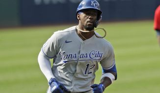 Kansas City Royals&#x27; Jorge Soler runs the bases after hitting a solo home run in the first inning in a baseball game against the Cleveland Indians, Saturday, July 25, 2020, in Cleveland. (AP Photo/Tony Dejak)