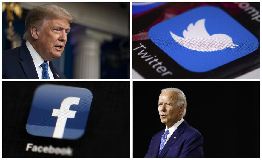 This photo combo of images shows, clockwise, from upper left: President Donald Trump speaking during a news conference at the White House on July 22, 2020, in Washington, the Twitter app, Democratic presidential candidate, former Vice President Joe Biden speaking during a campaign event on July 14, 2020, in Wilmington, Del., and the Facebook app. (AP Photo)