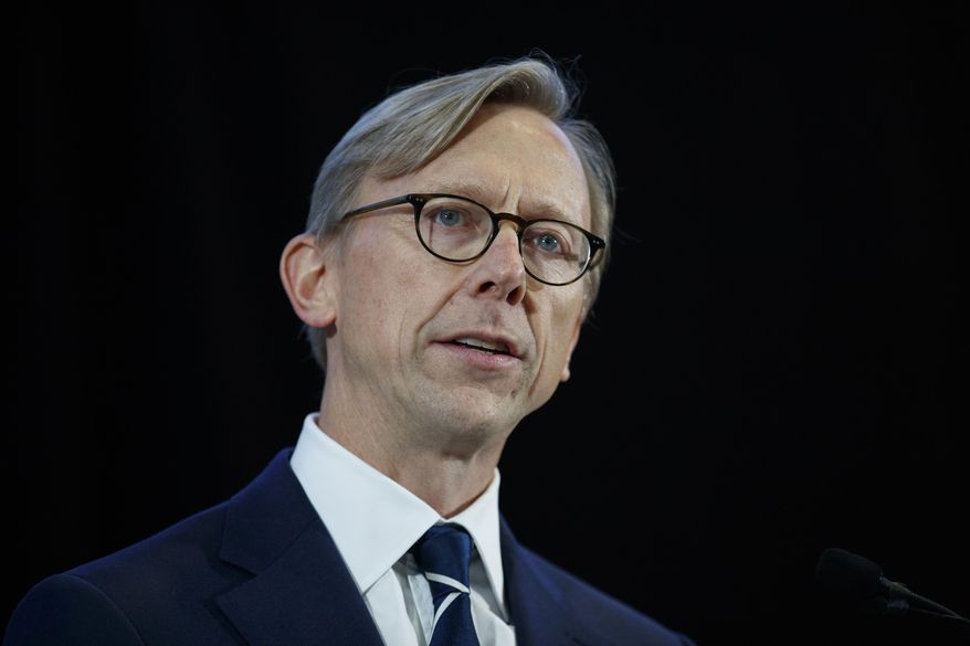In this Nov. 29, 2018, photo, Brian Hook, U.S. special representative for Iran, speaks at the Iranian Materiel Display at Joint Base Anacostia-Bolling in Washington. The U.S. continues to push for an end of the four-nation boycott of Qatar, even after the hospitalization of Kuwait&#x27;s ruling emir who led talks to resolve the yearslong dispute, Hook told journalists Sunday, July 26, 2020. (AP Photo/Carolyn Kaster) **FILE**
