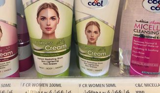 Creams promising fairer and lighter skin are displayed on shelves, July 3, 2020, in Dubai, United Arab Emirates. In the wake of mass protests against racial injustice in the U.S., multinational companies like L’Oreal and Unilever, which makes Fair and Lovely products, are rebranding their skin lightening products in Africa, Asia and the Middle East. (AP Photo/Aya Batrawy)