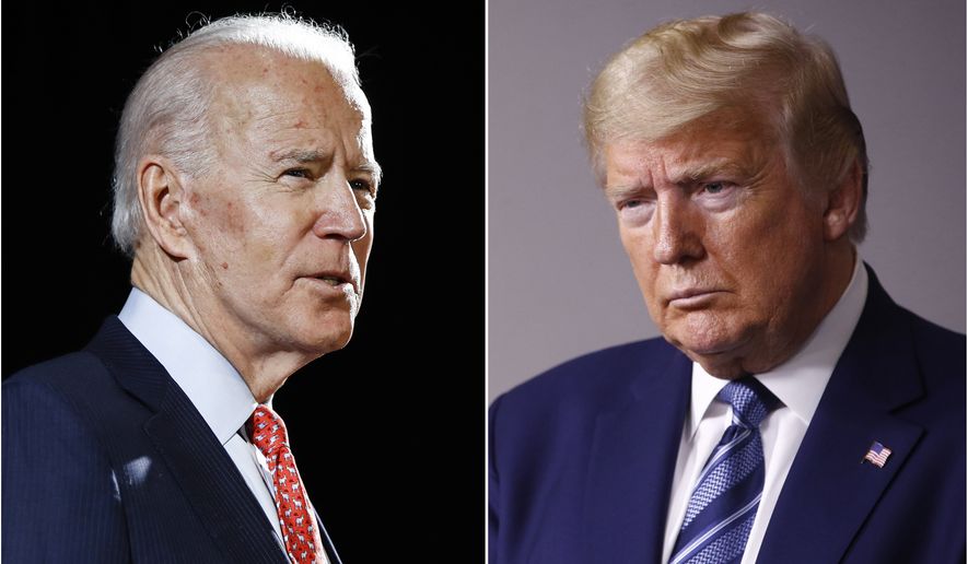 In this combination of file photos, former Vice President Joe Biden speaks in Wilmington, Del., on March 12, 2020, left, and President Donald Trump speaks at the White House in Washington on April 5, 2020. The University of Notre Dame has become the second university to withdraw as the host of one of this fall's three scheduled presidential debates amid the coronavirus pandemic. (AP Photo, File)