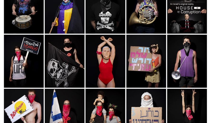 In this combo of photos taken on July 23 and July 24, 2020, demonstrators pose for a photo during a protest against Israel's Prime Minister Benjamin Netanyahu, outside his residence in Jerusalem. The wave of colorful and combative demonstrations against Netanyahu and his perceived failure to handle the country's deepening economic crisis have been characterized by youth. With flags, facemasks, drums, placards and an assortment of props, thousands have been taking to the streets to demand change in a variety of unique ways. (AP Photo/Oded Balilty)