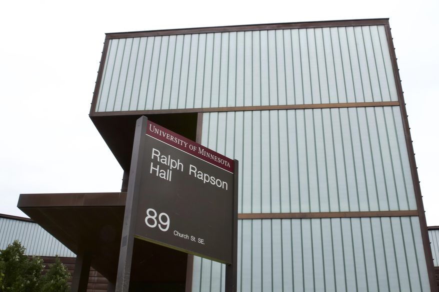 Ralph Rapson Hall, home to the University of Minnesota's architecture program, stands on Church St. SE on East Bank Campus, in Minneapolis, Wednesday, July 15, 2020. (Audrey Rauth/The Minnesota Daily via AP)