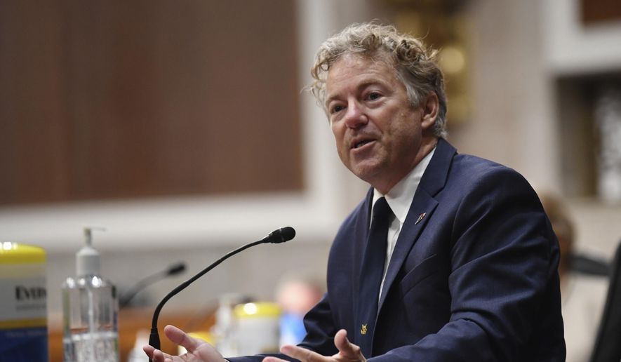 Sen. Rand Paul, R-Ky, speaks during a Senate Health, Education, Labor and Pensions Committee hearing on Capitol Hill in Washington, Tuesday, June 30, 2020. (Kevin Dietsch/Pool via AP)  **FILE**
