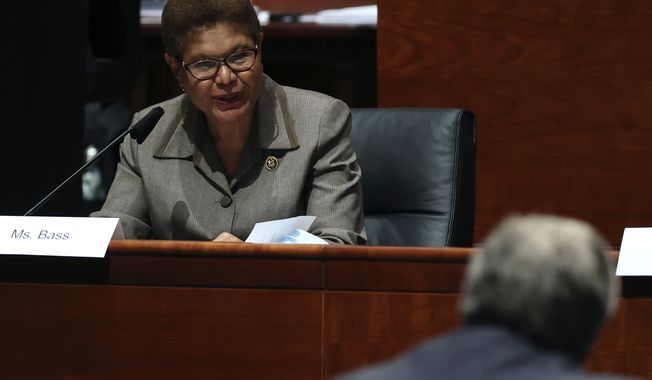 Rep. Karen Bass, D-Calif., questions Attorney General William Barr during a House Judiciary Committee hearing on the oversight of the Department of Justice on Capitol Hill, Tuesday, July 28, 2020 in Washington. (Chip Somodevilla/Pool via AP)